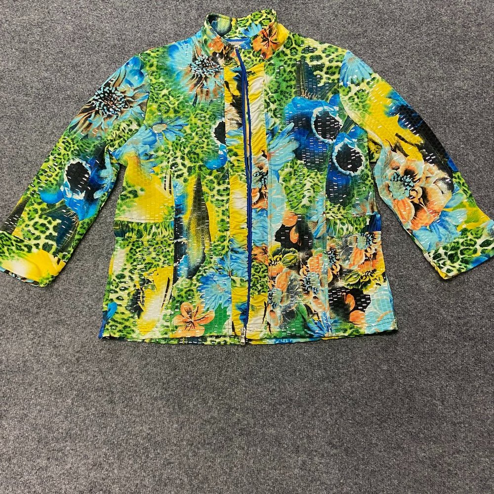 Complements Women Size L Jacket Windbreaker Floral Shining Unique 3/4 Sleeve
